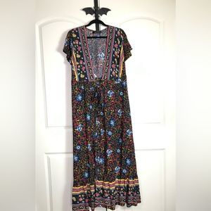 Zesica Boho/Bohemian long Kimono with tie, flutter sleeves, floral, size M